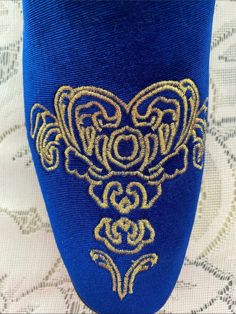 Men's Royal Blue Velvet Slip-On Loafers with Gold Embroidery